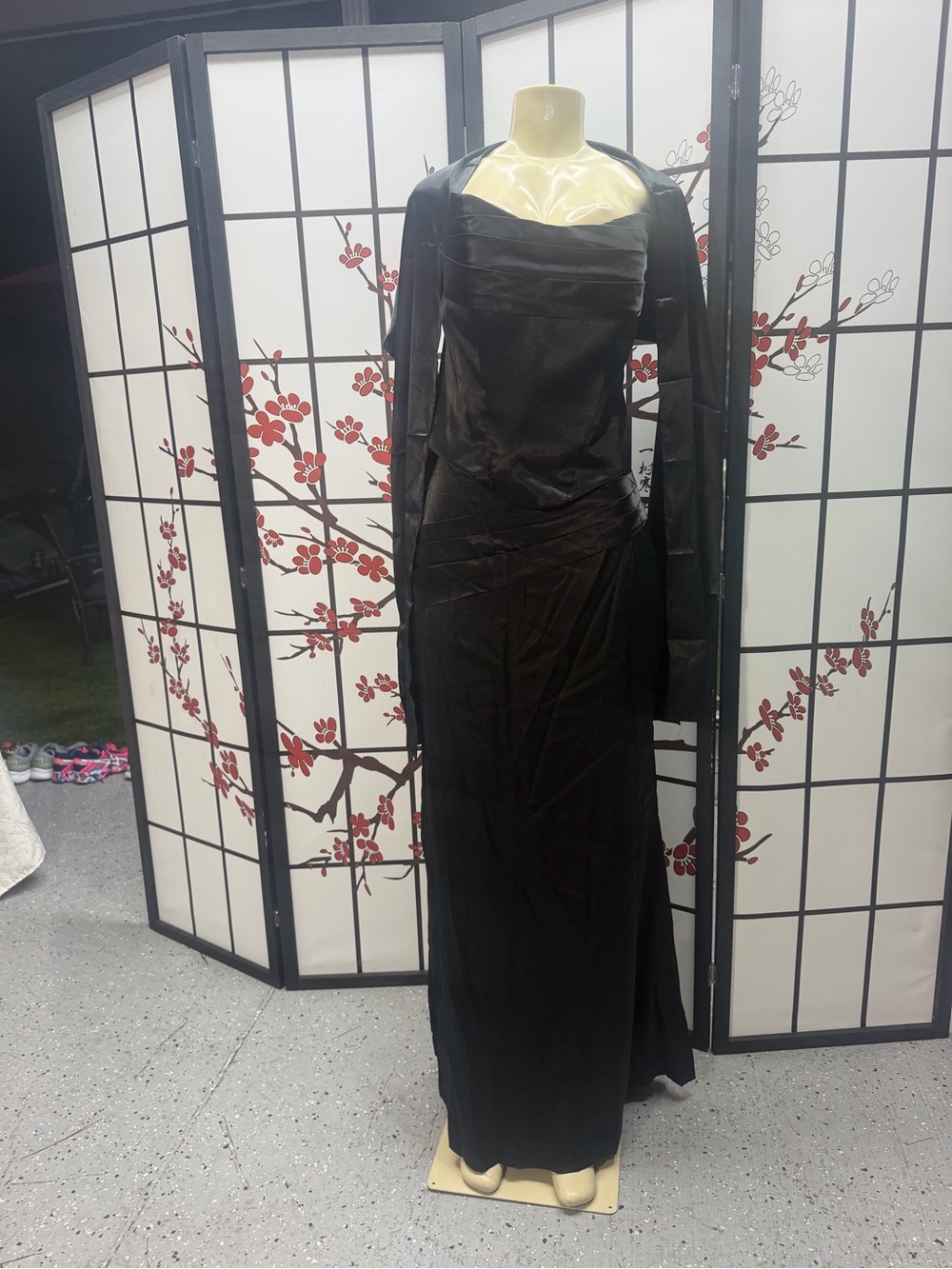 Black Satin Maxi Evening Dress with Matching Shawl